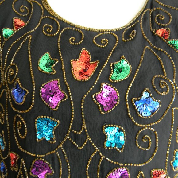 STENAY VINTAGE WM'S BLACK BEADED/SEQUIN SILK SHORT SLV BLOUSE TOP SZ XL - Picture 2 of 7